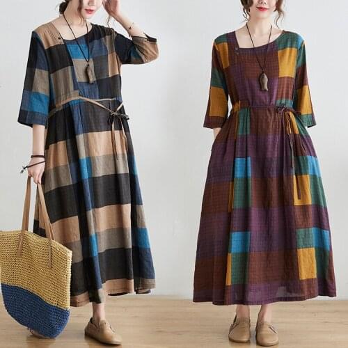 2021 New Arrival Thin Soft Cotton Linen Loose Summer Autumn Dress Print Plaid Vintage Office Lady Work Dress Women Casual Dress