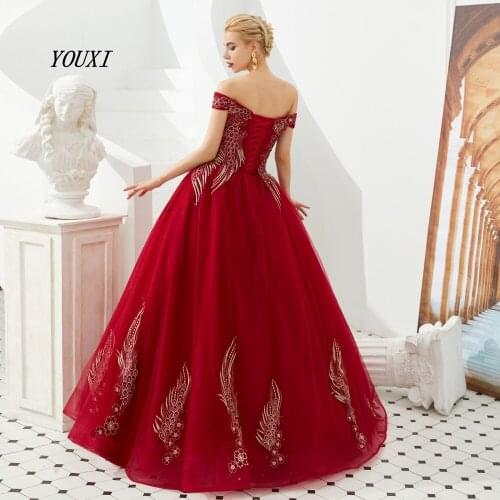 YOUXI Burgundy Prom Dresses 2019 Green Ball Gown Tulle Gold Lace Applique Off Shoulder Sweetheart Long Floor Length Evening Gown