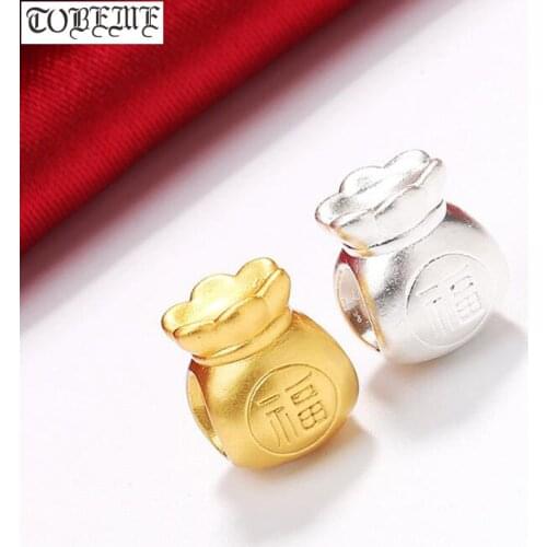 100% 3D 999 Silver Fu Bag Beads Pure Silver Large Hole Jewelry Beads DIY Bracelet Beads Good Luck Jewelry Findings Beads