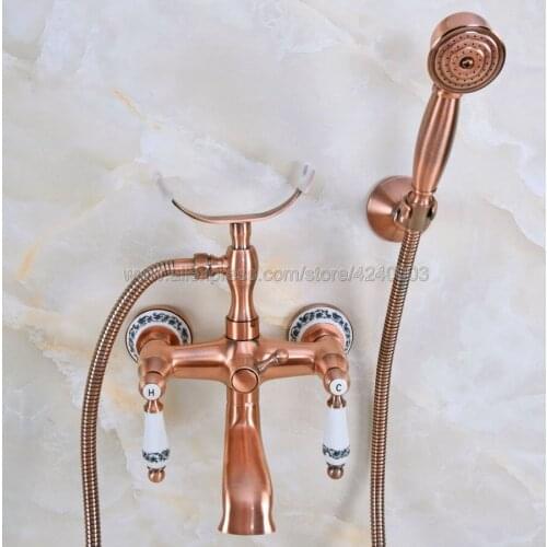 Antique Red Copper Bathtub Faucets Telephone Style Tub Mixer Taps Dual Handle Bathroom Bath Shower Faucet with Handshower Kna378