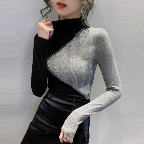 Blouse WomenTurtleneck Contrast Color Rhinestone Slim Fit Womens Autumn Winter Coat Stitching Blusas Ropa De Mujer