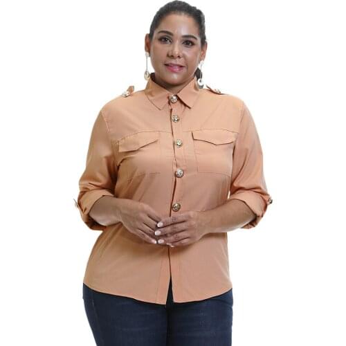 Formal Turn-down Collar Plus Size Blouse Long Sleeve Shirt Office Ladies Top Casual Solid Single-Breasted Womens Pocket Blouses