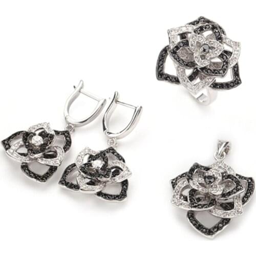 Fleure Esme Luxury Charm jewelry sets women wedding (ring/earring/pendant) Black and White Cubic Zirconia Rhodium Plated R920set
