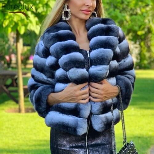 FUREALUX New Authentic Real Fur Coat Natural Rex Rabbit Stripe Winter Elegant Womens Trendy Warm Fashion Solid Color Jacket