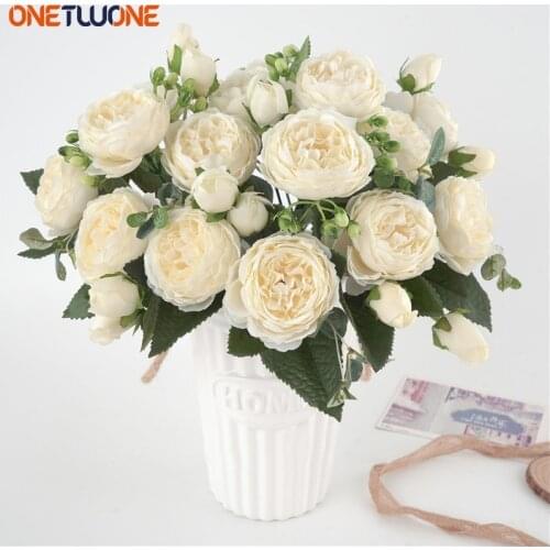 5 Big Heads/Bouquet Peonies Artificial Flowers Silk Peonies Bouquet 4 Bud Flowers Wedding Home Decoration Fake Peony Rose Flower
