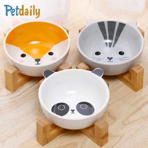 Ceramic Cat bowl,Cute Cartoon Small Dog Cat Food Bowl,Pet Puppy Water/Food feeder with Bamboo Wooden stand, Pet Supplies