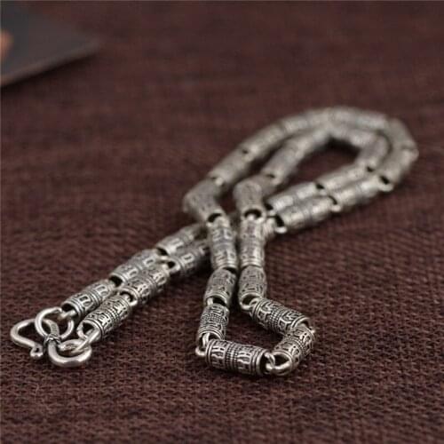Chinese Vintage 925 Silver Necklace Men Big Bamboo Chain Sanskrit Tibetan Buddhism The Six Syllable Mantra Luxury Jewelry Gifts