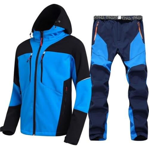 Mens Waterproof Hiking Jacket Suit Fleece Softshell Jacket and Pants Outdoor Trekking Camp Coat Set Pants Climb Skiing Trousers