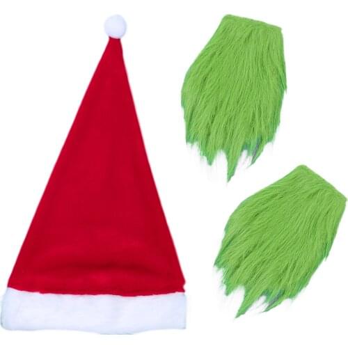 Christmas Festival Decorations Navidad Grinch Cosplay Set Red Santa Claus Hat with Furry Gloves Funny Party Dress Up Accessories