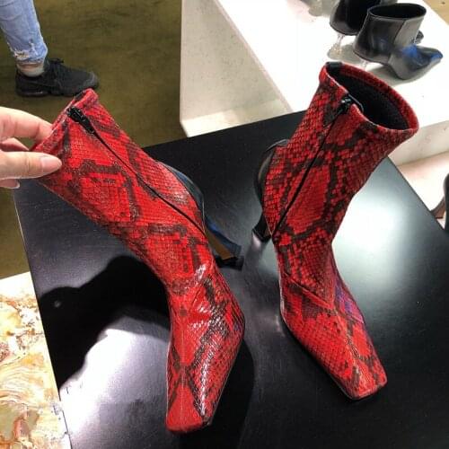 Snakeskin Boots Mid Calf Leather Boots Women Shoes High Heel Zipper Booties Square Toe Embossed Leather Prints