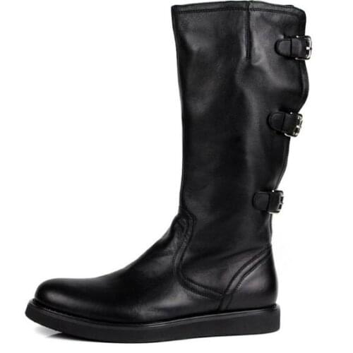 High top fashion boots pointed toe black mens boots Winter handmade genuine leather knee-high men boots