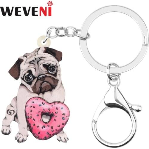 WEVENI Acrylic Valentines Day Donuts Pug Dog Key Chains Rings Bag Car Purse Decorations Keychain For Women Girl Teen Charm Gift