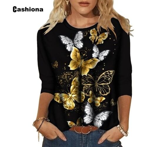 Women Fashion T-shirt Plus Size 3xl Ladies Elegant Tops Artistic Butterflies Tshirt Autumn 2021 Long Sleeve Tees Shirt Pullovers