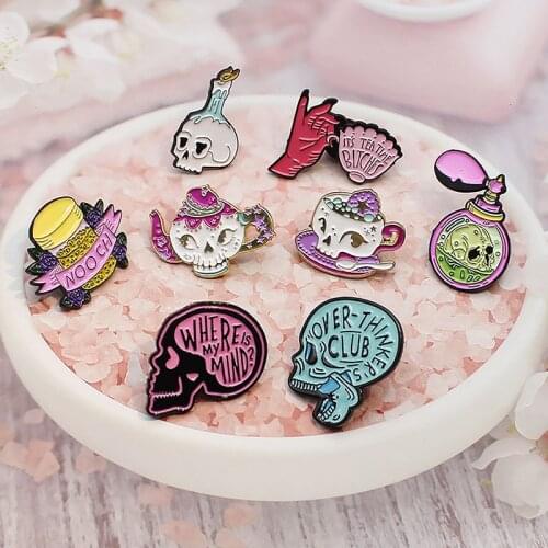 Skeleton Skull Brooch Punk Skull candle Poisonous perfume Teacup teapot afternoon tea Enamel Pin for Women Feminist Badge