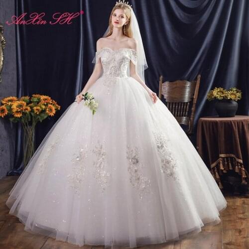 AnXin SH princess french retro flower white lace wedding dress vintage ruffles boat neck beading crystal bride wedding dress