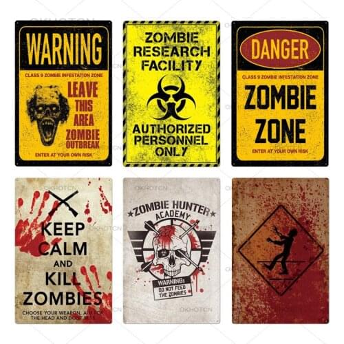 Zombie Warning Beware Metal Tin Sign Plaque Vintage Shabby Chic Wall Decor for Bar Pub Club Man Cave Iron Plates