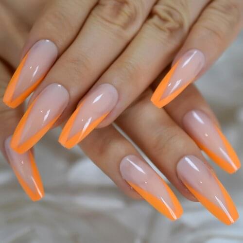 Glossy Leon Orange French Ballet Press on False Nails Extra Long Ballerina Coffin UV Gel Fake Fingersnails Extention Tool 24pcs