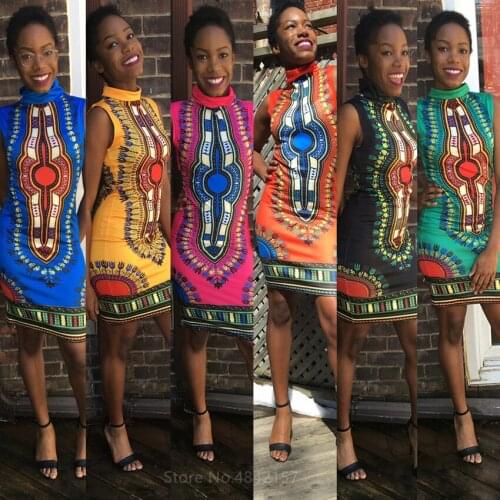 African Dresses for Women African Sleeveless Sexy Tight Classic High Neck High Elasticity Print Slim Hips Clothing