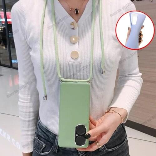 For Huawei P40 Pro P50 P30 Plus P20 Lite P10 Silicone Soft TPU Candy color Back Cover With Lanyard Neck Strap Rope Cord Case