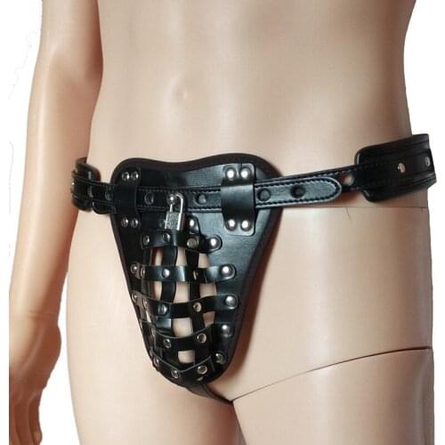 Black Faux Leather Lockable Cage Bulge Pouch Chastity Device Fetish Bondage Waist Harness Erection Restriction Sex Toy