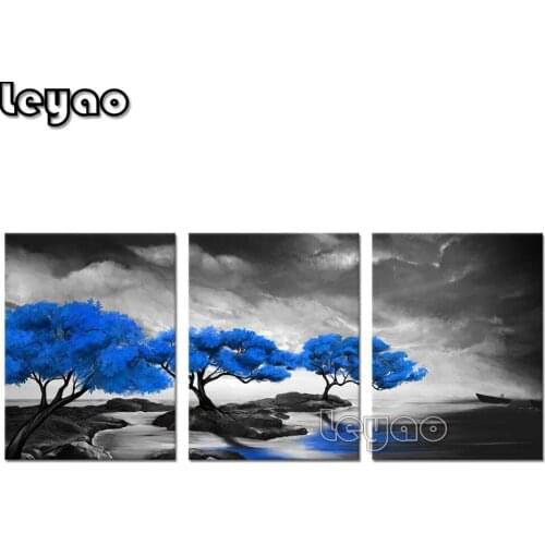 Black White and Blue Trees Full Square Diamond Embroidery 3 pieces Landscape Diamond Painting Cross Stitch Handmade Home Decor