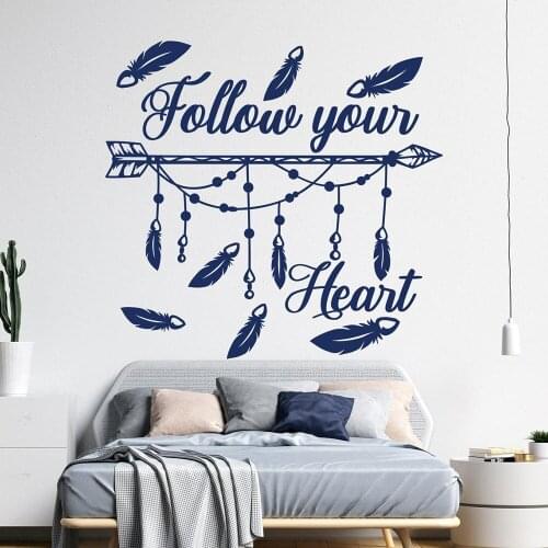 Quote wall decal bedroom decor follow your heart feather arrow Wall Sticker boho Home girl room decor nursery decor Decals B114