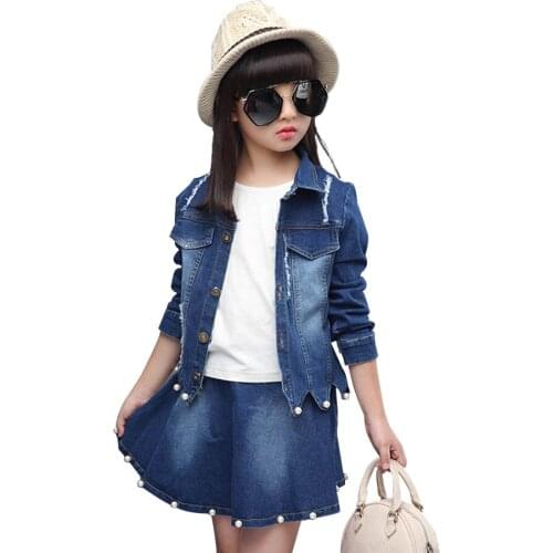 Kids Clothes Hole Denim Jacket + Skirt 2 Pcs Suit For Girls Fashion Irregular Girl Outfit With Pearls Autumn Spring Suits Set