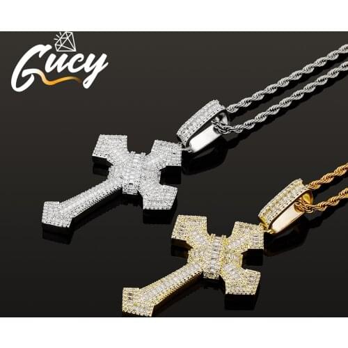GUCY New Baguette Cross Pendant Necklace With Tennis Chain Gold Silver Color AAA Cubic Zircon Mens Women Hip hop Rock Jewelry
