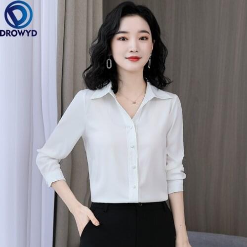 Korean Silk Women Shirts Women Satin Blouses Woman Long Sleeve Blouse Tops Plus Size Elegant Office Lady Silk White Shirts Tops