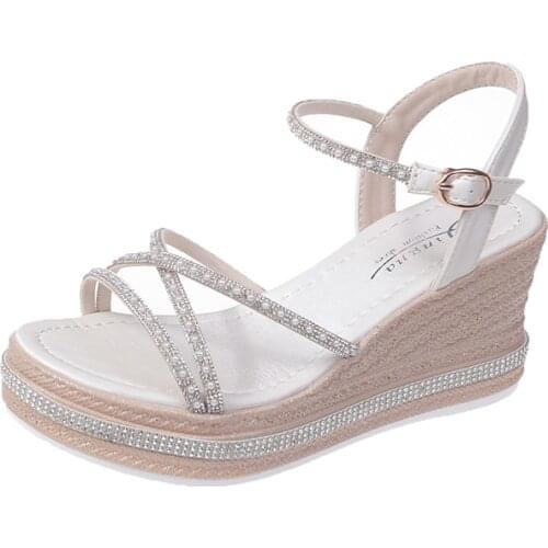 2021 New Gladiator Rhinestone Women Sandals Wedge Buckle High Heels Platform Roman Shoes Casual Summer Footwear Shoes for Women