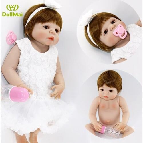 NPK brand full silicone reborn baby doll 55cm lovely girl princess reborn babies dolls light brown hair wig white dress bonecas