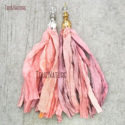 Pink Sari Silk Tassel Pendant Gold Silver Tulip Cap Tassel Pendant Sari Silk Ribbon Pendant PM14660