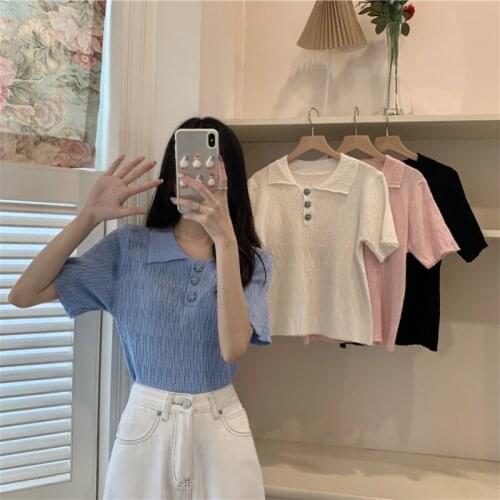 Shirts Student Fold Polo Collar Short-sleeved Sweater Female Summer New Korean Version Loose and Thin Short Top