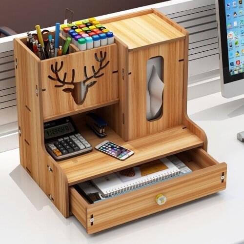 Self-Assembly Wooden Pen Holder Tissue Box Creative Desktop Decoration Simple Drawer Type Office Supplies Storage Rack