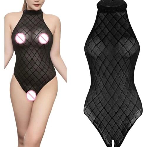Sexy Womens Lingerie Mock Neck Plaid See Through Crotchless Open Crotch Bodysuit Leotard Bodycon Romper Tops Blouse