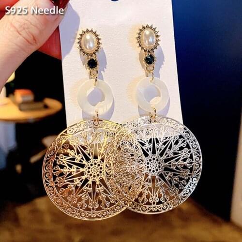 Real 925 Sterling Silver Needle Long Dangle Earrings for Women Jewelry Barok Gold Hollow Out Female Tassel Drop Earrings