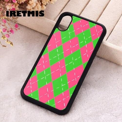 Iretmis 5 5S SE 2020 Phone Cover Case for iPhone 6 6S 7 8 Plus X Xs XR 11 12 Mini Pro Max Rubber Silicone Pink & Green Argyle