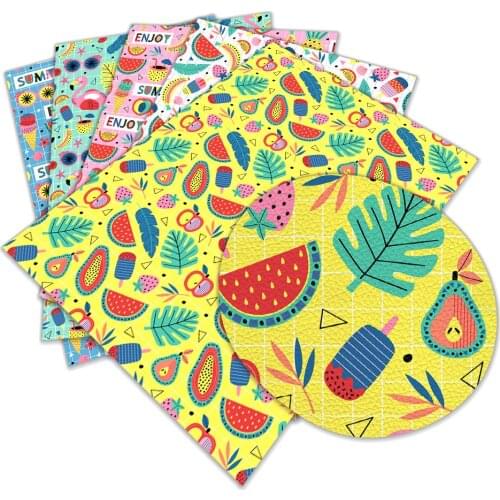 Artificial Leather Lychee Pattern Fabric 30X136c Printed with Watermelon and Strawberry Pattern for Bow Craft