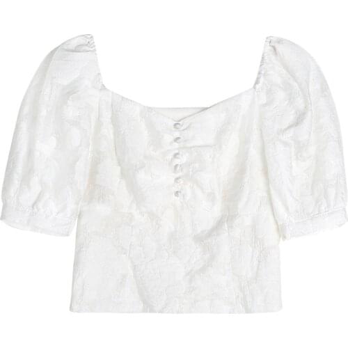 PERHAPS U Women White Solid Top Shirt Floral V Neck Half Sleeve Spring Summer Puff Sleeve Lace Blouse Button B0656