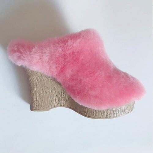 Womens Real Lambswool Fur Furry Platform Wedge High Heel Warm Winter Mules Slipper Plush Slides Shoes Thick 5Colors New 2022