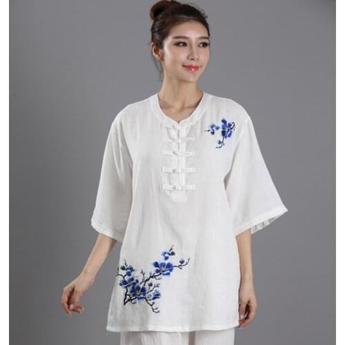 Embroidery Flower 2PCS Tai Chi Uniform Summer Women Kung Fu Suit Short Sleeve Morning Sport Clothing Cotton Linen Shirt&Pants