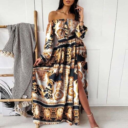 Summer Plus Size Maxi Dress Women Slash Neck Print Hem Slit Design Sexy Ankle-length Dresses Female Beach Bohemian Dress