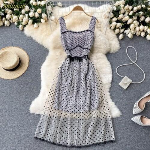 Smlinan Women Summer Mesh Polka Dot Long Dress Clothes Sleeveless Backless Spaghetti Strap Dress Elegant Sexy Club Party Dresses