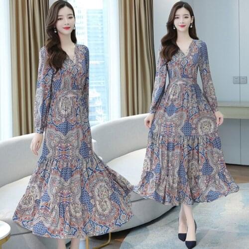 Women Retro Loose Floral Printing Dress Elegance Female V-Neck All Match Long Dresses