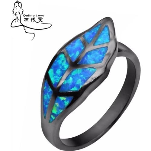 Leaf Shape Vintage Black Gun Plated Blue Opal Ring for Women Jewelry Party Cocktail Ring Specific Gift BR092