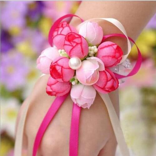 20Pcs 5Kinds Colors Wrist Flower Rose Silk Ribbon Bride Snow yarn lace cord wrist flower Wedding bride bridesmaid wrist flower