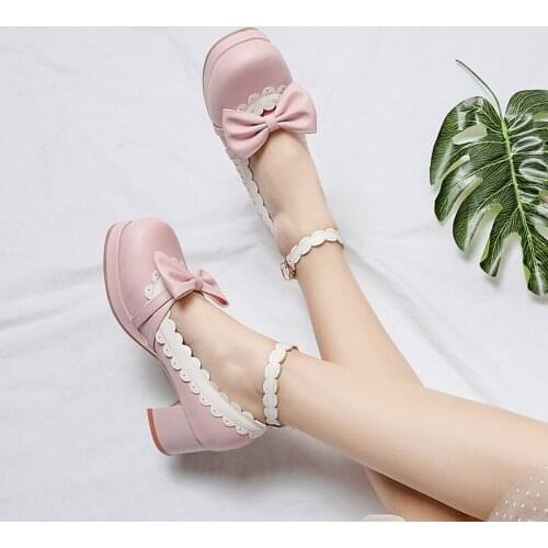 Sweet Bow Thick High Heels Shoes Girls Woman Buckle Strap Single Student Shoes Pumps 2020 Spring New Pumps Womens Lolita Shoes