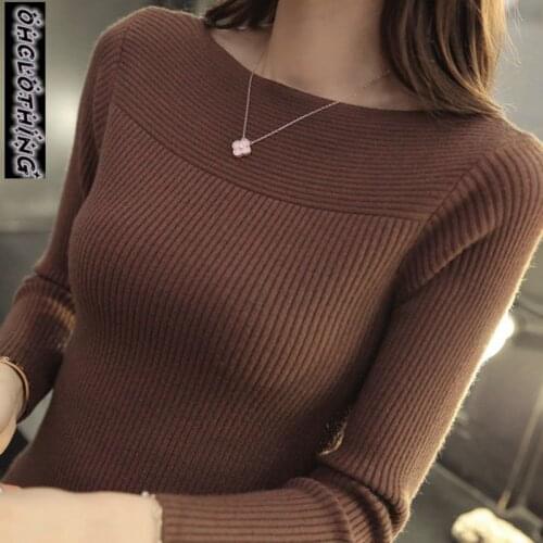 2021 Sale Autumn And Winter New Korean Women Collar Sweater All-match Sleeved Shirt Slim One-neck Female Thread Tight Pullover