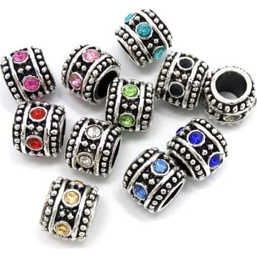 Free shipping new 50pcs 10mm antique silver plated round rhinestone beads fit European bracelet DIY