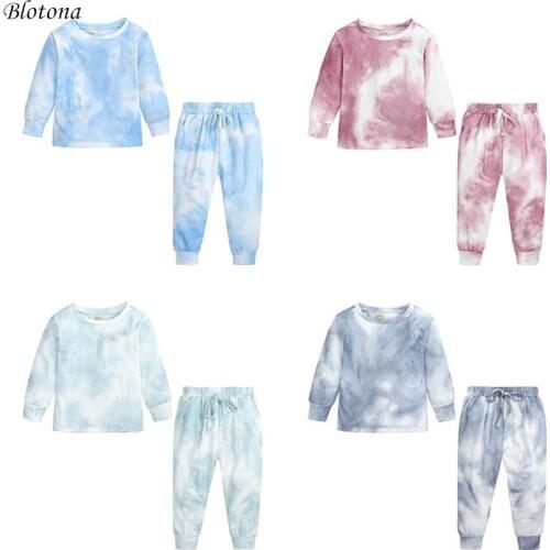 Blotona Boys Girls Spring Fall 2Pcs Tie-Dye Print Pajama Set Long Sleeve T-Shirt+ Elastic Waist Laced Pants Set Loungewear 2-9Y
